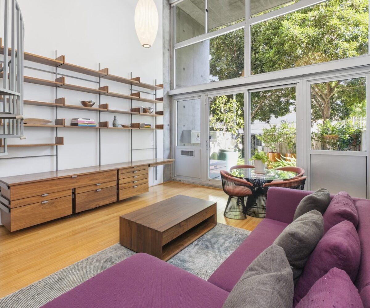 Garden-level loft living room at Yerba Buena Lofts #131, 855 Folsom, San Francisco
